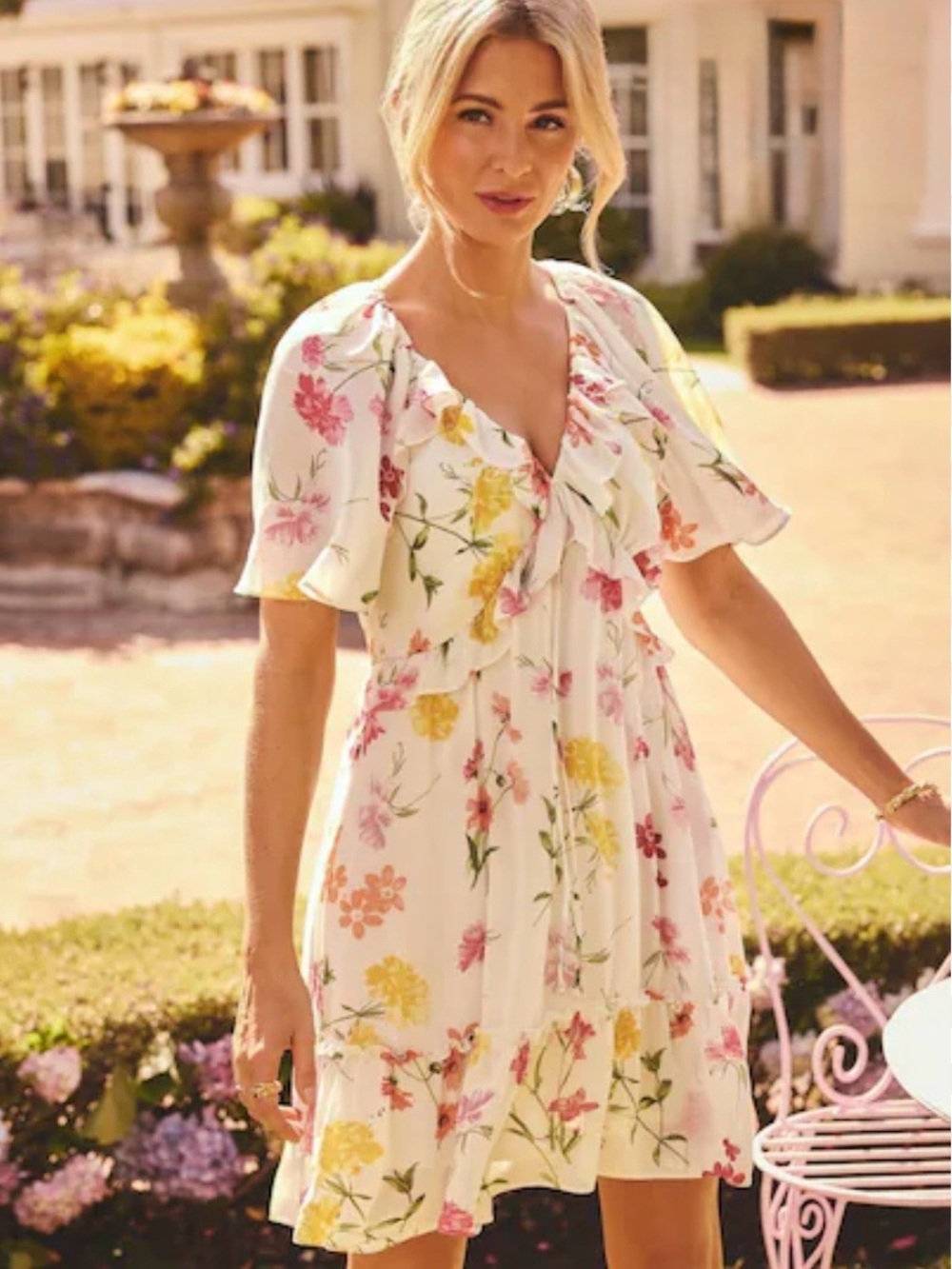 Millie Mackintosh Floral Ruffle V-Neck Summer Dress in Cream and Pastel Pink